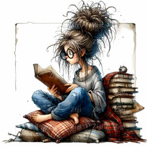 Clipart di ragazza libresca che legge - 12 illustrazioni ad acquerello di ragazza con gli occhiali - Arte digitale per artigianato e decorazioni"