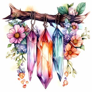 32 imágenes prediseñadas de cristales de colores JPEG (JPG), piedras preciosas colgantes en una rama con flores, arte de ramo de cristales arcoíris para imprimir