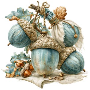 May include: A detailed illustration featuring acorns and oak leaves. The acorns are painted with blue-green bodies and textured brown caps. The leaves are a mix of green and brown. The artwork incorporates rope and fabric, evoking a harvest or autumn theme.
