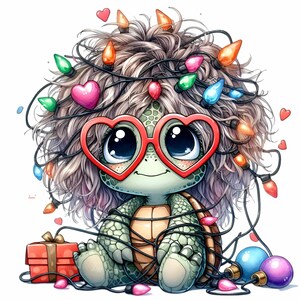 12 Süße Weihnachts-Schildkröte PNG - Baby-Schildkröte mit Herz-Brille, eingewickelt in Lichter und Geschenk, lustige Feiertags-Tier Clipart