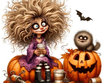 ハロウィンのコーヒーガール PNG 不気味なカボチャ魔女アート 9 - Etsy