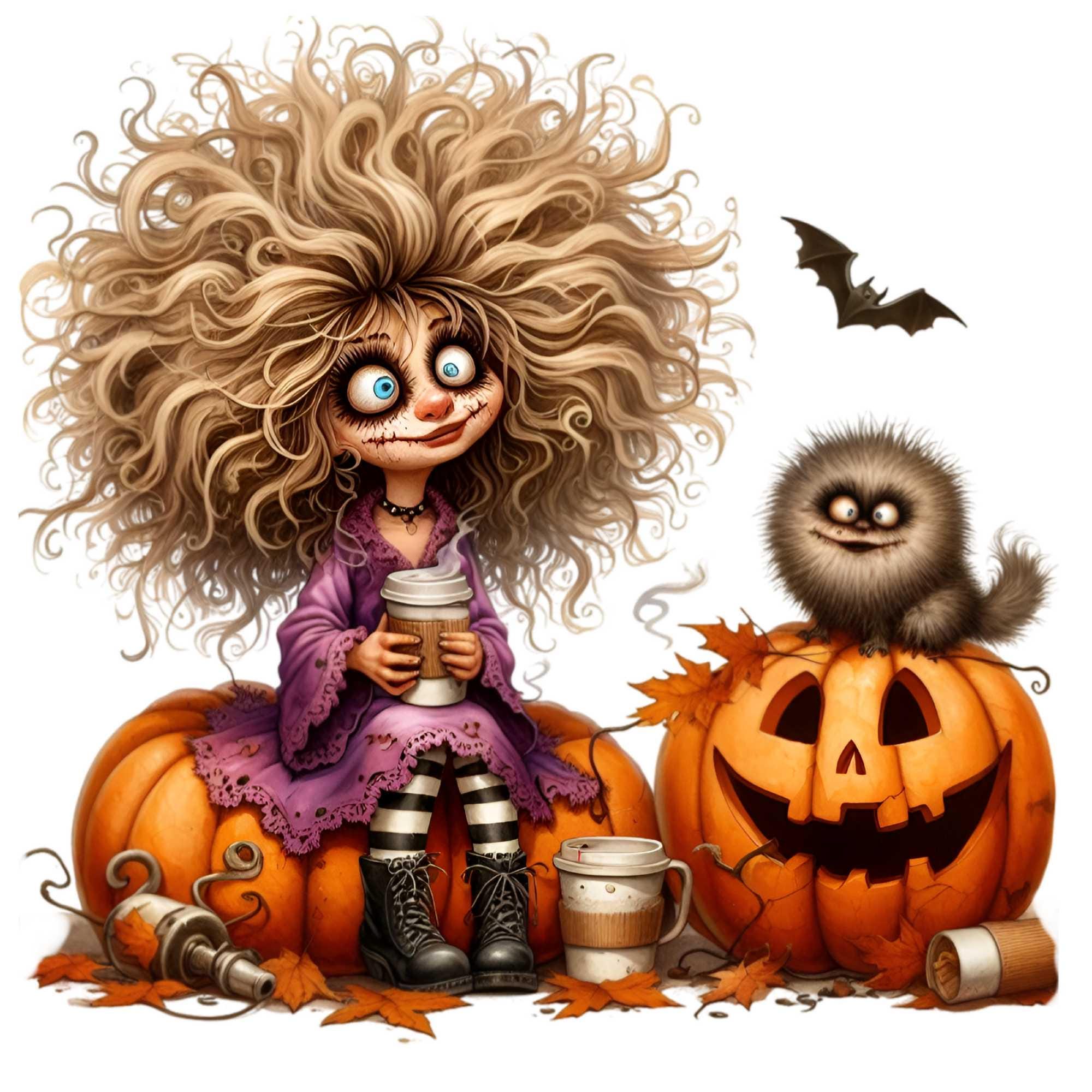 ハロウィンのコーヒーガール PNG 不気味なカボチャ魔女アート 9 - Etsy