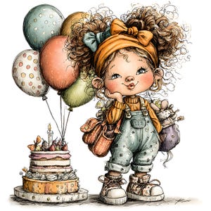 30 imágenes prediseñadas de cumpleaños de niña rizada (JPG). Adorable caricatura con pastel y globos para invitaciones de fiesta, tarjetas de felicitación y decoración imprimible.