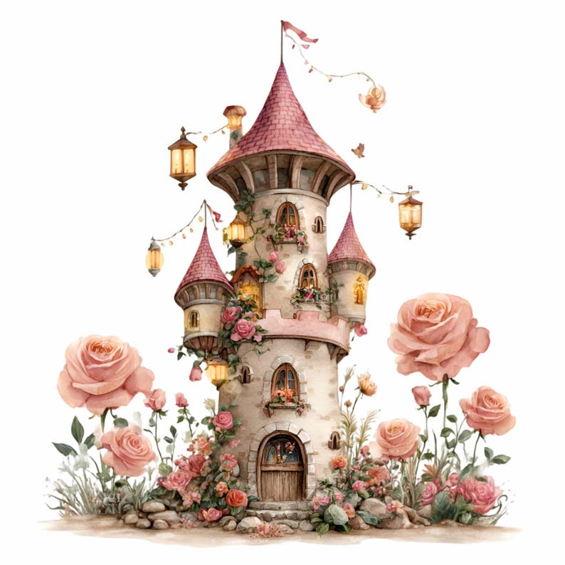 Turret And Roses 16 PNG Fairy Castle Clipart – Whimsical Rose Tower PNG With Lanterns ...