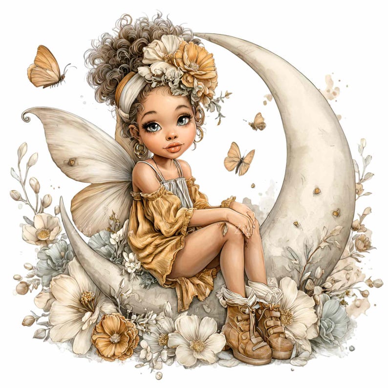 May include: A watercolor illustration of a fairy sitting on a crescent moon. The fairy has brown curly hair, a yellow dress, and tan boots. Butterflies and flowers surround the moon, with a soft, pastel color palette.
