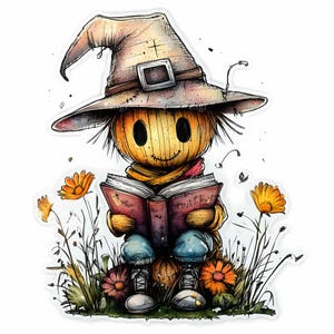 17 JPEG Vogelscheuche lesen – Halloween JPG Clipart – Herbst Buch Liebhaber Kunst für Kinder Dekor, Kürbisernte druckbare Design