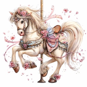 Peut inclure: Illustration d'un cheval de manège blanc orné de décorations florales roses et bleues, d'une selle marron et d'une crinière et queue fluides. Des pétales de fleurs roses flottent autour du cheval, créant un effet de rêve.