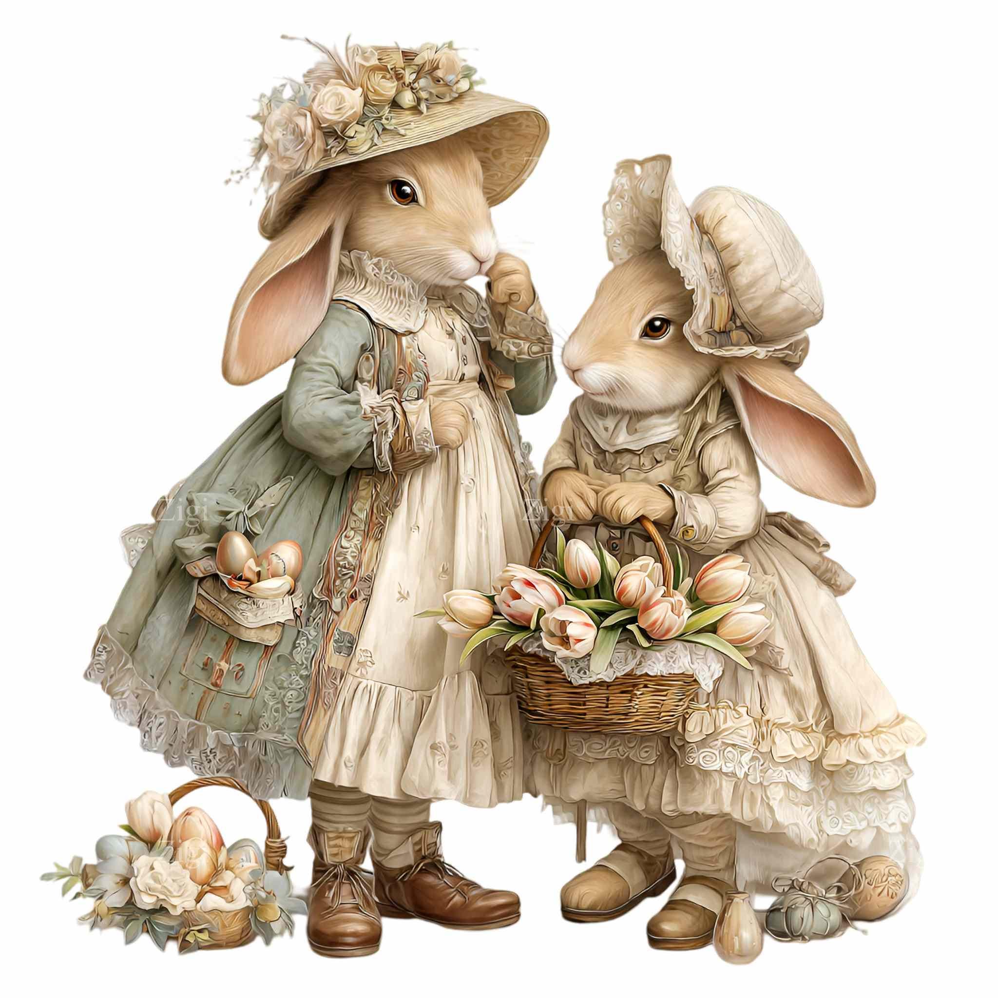 20 PNG Spring Rabbit Illustration Floral Tulips Basket Eggs Cottage ...