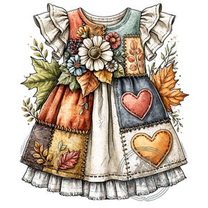 Puede incluir: Un vestido con diseño de patchwork y elementos de temática otoñal, incluyendo hojas de arce, flores y parches en forma de corazón. La prenda tiene mangas con volantes y un dobladillo con volantes, en tonos naranja, marrón, azul y crema.