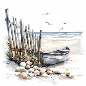 12 JPEG Rustykalna łódź wiosłowa na plaży Akwarela Clipart, Nadmorski krajobraz z muszlami i płotem, Wystrój nadmorski, Pobieranie cyfrowe JPG