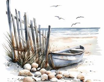 12 JPEG Rustic Rowboat on the Beach Watercolor Clipart, Seaside Landscape with Shells and Fence, Coastal Decor, Digital Download JPG