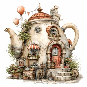 May include: Watercolor illustration of a whimsical teapot-shaped house. The house features a red door, stone steps, and a striped awning. Two balloons and a string of pennants add a festive touch. The house is surrounded by flowers and greenery.