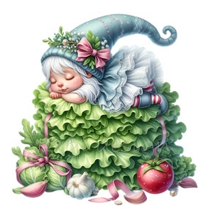 10 cliparts PNG laitue gnome girl – mignon elfe endormi sur du chou avec de la tomate, de l'ail et des rubans – art végétarien du jardin