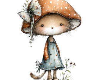 16 PNG Mushroom Cat Watercolor Clipart, Forest Kitten Sublimation