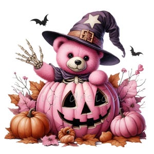 15 Clipart PNG di orsi rosa di Halloween, simpatico orso strega con braccio scheletrico in zucca di Halloween, pipistrelli e foglie autunnali