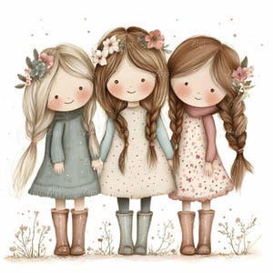 24 JPEG Tre ragazze in abiti JPEG Clipart - Illustrazione rustica per bambini con trecce e fiori per artigianato e progetti