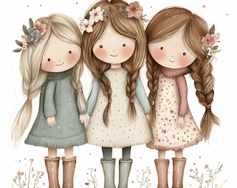 24 JPEG Three Girls in Dresses JPEG Clipart - Rustic Kids Illustration with Braids and Flowers for Crafts and Projects