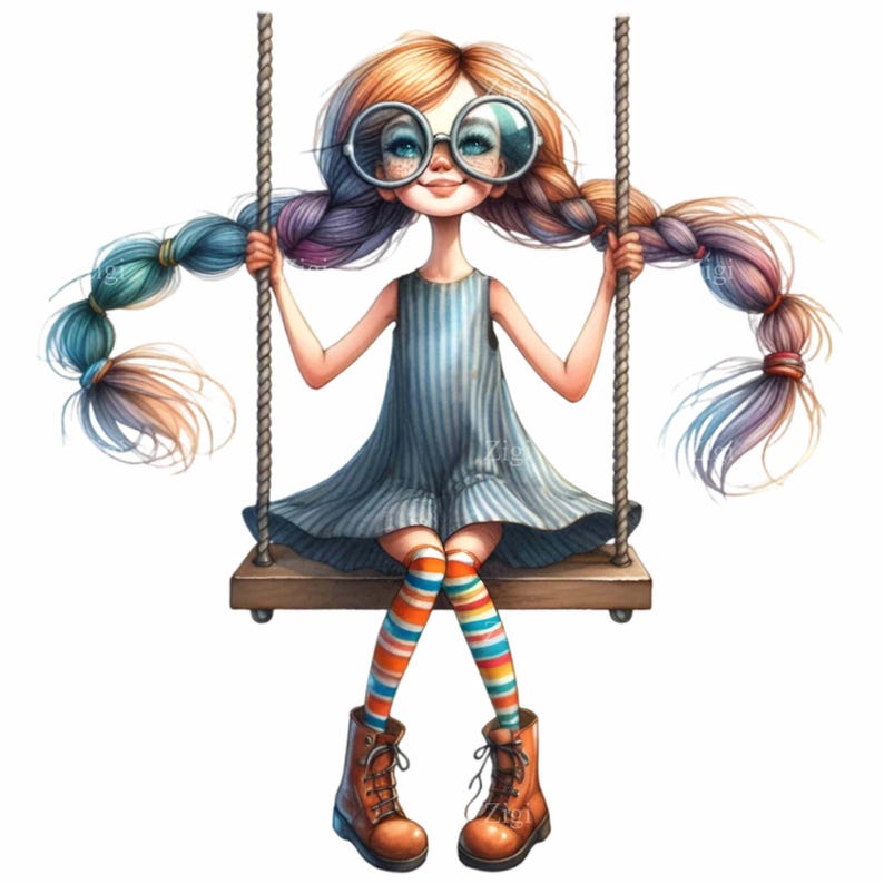 Whimsical Girl PNG Clipart 15 Rainbow Braided Hair Girl With Round