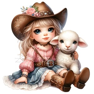 May include: A young girl wearing a brown cowboy hat with a pink and white flower embellishment, a pink and white ruffled shirt, a blue denim skirt, and brown cowboy boots. She is holding a white lamb with brown eyes.