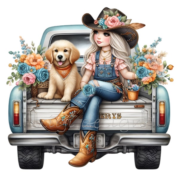 Clipart cow-girl, clipart camion Golden Retriever 10 PNG, fille turquoise, ferme, chemise enfant enseignant, sublimation mug gobelet, agenda