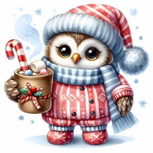 15 JPEG Hibou chocolat chaud – Hibou d'hiver JPG clipart – Joli oiseau de vacances en écharpe avec canne en bonbon pour cartes, travaux manuels pour enfants, tasses, décoration de Noël