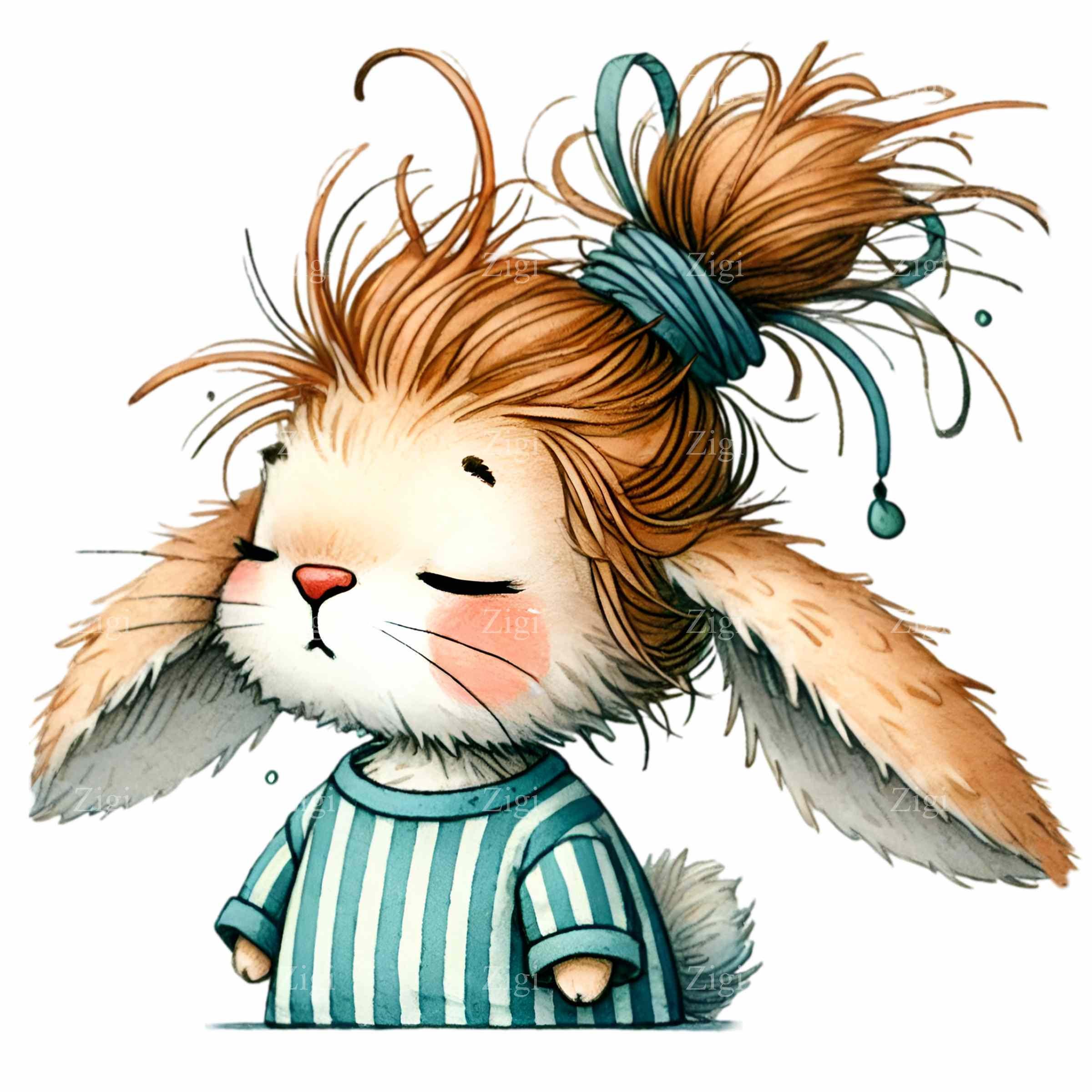 12 PNG Funny Bunny Pajama Clipart, Messy Hair Rabbit, Blue Striped ...