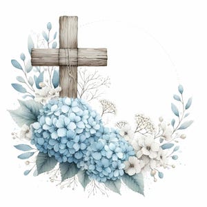 15 Croix florale bleue JPEG – Clipart croix en bois rustique – JPG commémoratif pour cartes de vœux, funérailles ou travaux manuels religieux