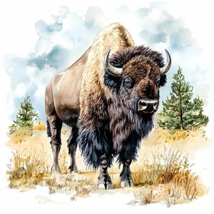 16 imágenes prediseñadas de bisonte en formato JPEG: acuarela de pradera JPG para arte mural rústico, decoración del oeste, láminas de vida silvestre, pegatinas de aventuras y manualidades naturales.