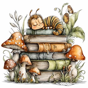 Puede incluir: Una ilustración caprichosa presenta una oruga durmiente con cabeza de abeja sobre una pila de libros. Hongos y mariposas rodean los libros, con una paleta de colores naranja, marrón, verde y amarillo. La imagen tiene un ambiente de cuento.