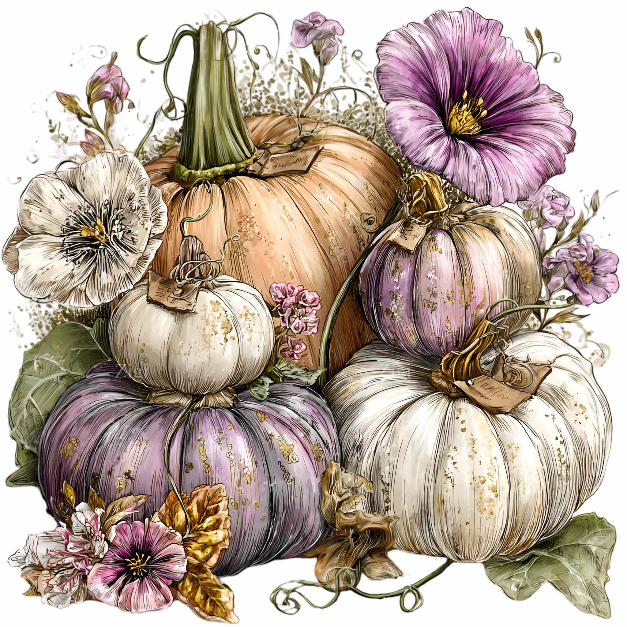 10 PNG Floral Pumpkin Fall Watercolor Clipart, Autumn Peonies Purple ...