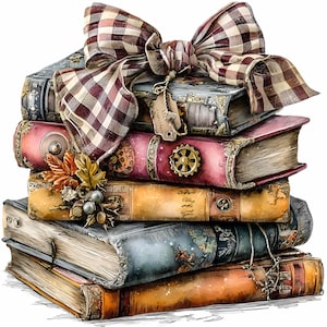 May include: A stack of antique-style books with ornate covers in shades of orange, pink, and blue. A large, checkered bow sits atop the stack, with a decorative tag and key charm. Autumn leaves and berries adorn the books, creating a vintage aesthetic.