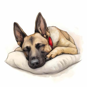 15 JPEG Sleeping German Shepherd – Dog JPG Clipart – Pet on Pillow Art for Animal Lover Decor, Calm Pup Printable, Red Collar Design