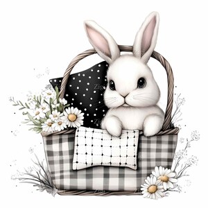 20 PNG Króliczek w koszyku Gingham PNG Clipart, Uroczy wiosenny królik z kwiatami, Rustykalny dom wiejski Cyfrowe pobieranie