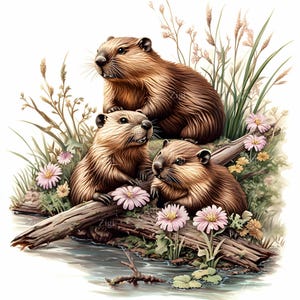 16 imágenes prediseñadas de familia de castores en formato JPEG, escena de río en el bosque, lindos castores con flores, ilustración de animales de la naturaleza para sublimación e impresión