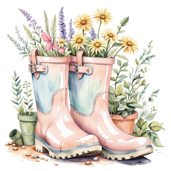 Garten Stiefel Clipart Bundle, 30 PNG Aquarell Gartenarbeit Frühling Regen Stiefel Pastellfarben Blume, DIY Muttertag, Lehrer Geschenk