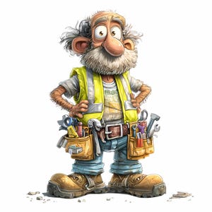 Könnte beinhalten: Cartoon-Illustration eines Bauarbeiters mit weißem Bart, gelber Sicherheitsweste, Werkzeuggürtel und Arbeitsstiefeln. Die Figur hat eine große Nase und steht mit den Händen in den Hüften. Werkzeuge sind im Werkzeuggürtel sichtbar.