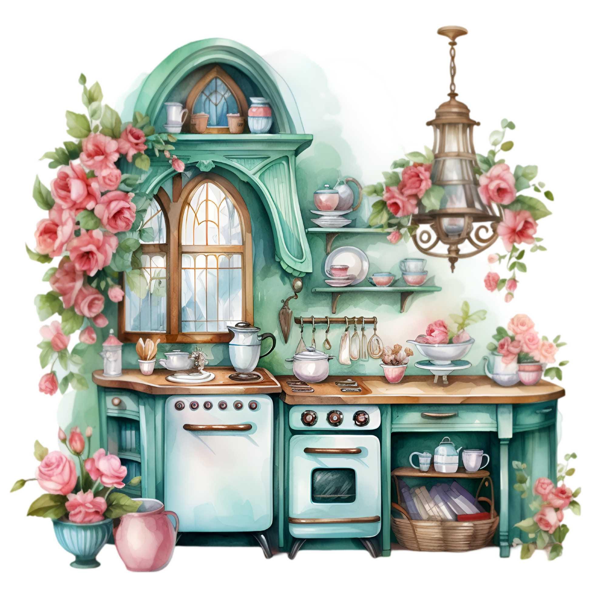vintage floral kitchen scene clipart set graphic by... 15 PNG Retro Kitchen Pink Roses Cottage Clipart, Floral Stove - Etsy