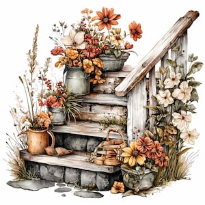 May include: A watercolour illustration depicts a rustic garden scene. Stone steps lead to a wooden handrail, decorated with potted flowers in orange, yellow, and cream hues. A watering can and basket enhance the garden theme.
