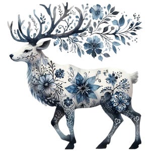 15 PNG Floral Deer PNG Clipart - Elegant Reindeer with Blue Watercolor Flowers and Antlers - Winter Woodland Animal Art Download