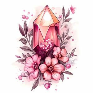 28 JPEG Clipart di cristallo rosa JPG, pietra preziosa lucida con fiori e foglie rosa, elegante arte floreale di quarzo stampabile