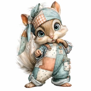 Może przedstawiać: Urocza kreskówkowa wiewiórka z dużymi niebieskimi oczami, w patchworkowej chuście i kombinezonie. Sierść wiewiórki jest brązowo-biała, a kombinezon to mieszanka niebieskich, białych i beżowych łatek. Obraz to fantazyjna ilustracja.