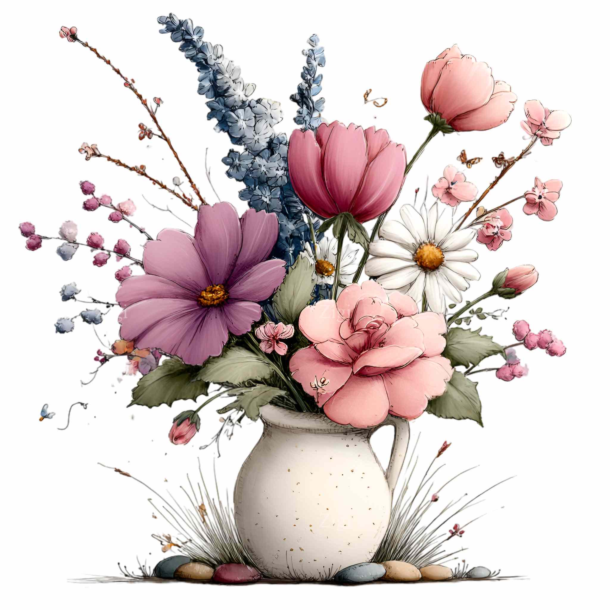 16 PNG Floral Vase Clipart, Watercolor Flower Bouquet, Botanical Spring ...