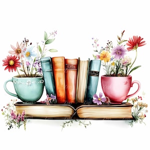 27 JPEG Libri e fiori Clipart JPEG, Pila colorata di libri con tazze da tè floreali, Scaffale di lettura primaverile Arte digitale