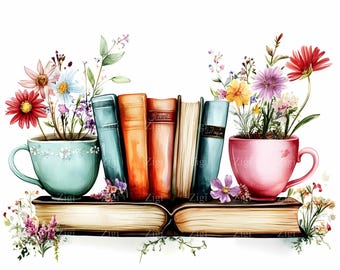 27 JPG Books and Flowers Clipart – Watercolor Shelf  Teacups Bookish Wall Art, Prints & Planner