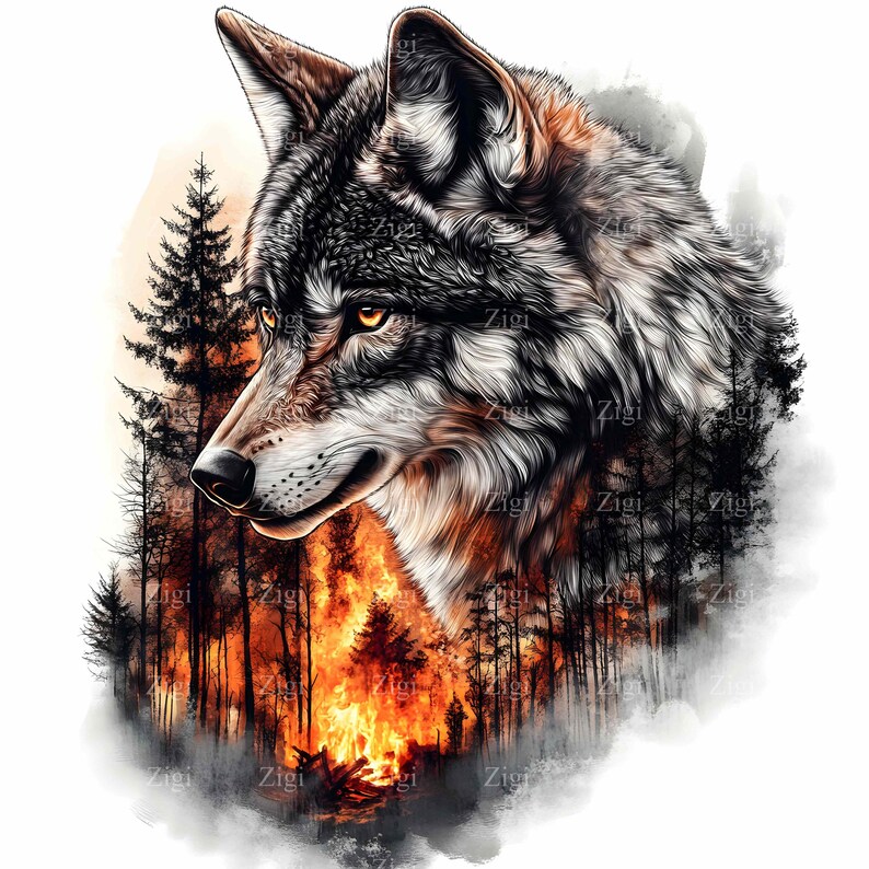 20 JPG Wolf Forest Clipart, Double Exposure Wildlife, Animal Graphic - Etsy