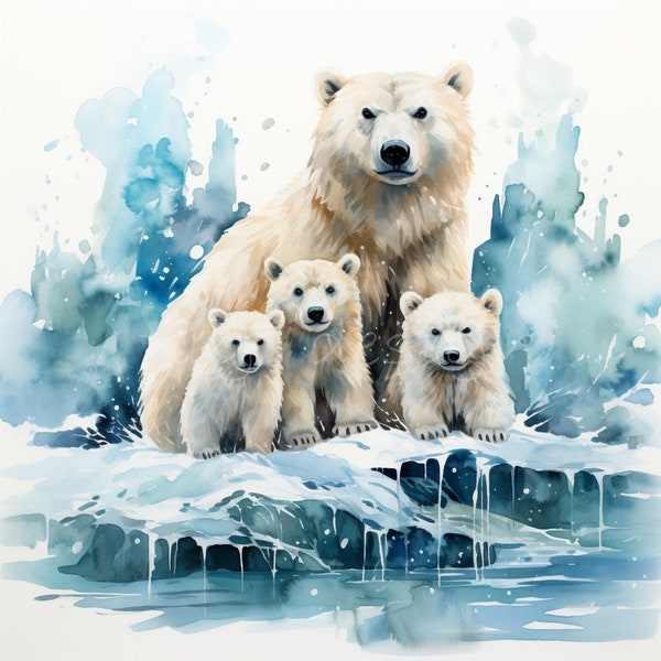 Polar Bear Clipart Digital Papers 12 JPG Watercolor Mother and Baby Arctic Animals Illustration Digital Printable Junk Journal