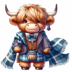 15 Highland Cow PNG Clipart in abbigliamento scozzese / Mucca carina con kilt e papillon / Arte della mucca scozzese delle Highlands