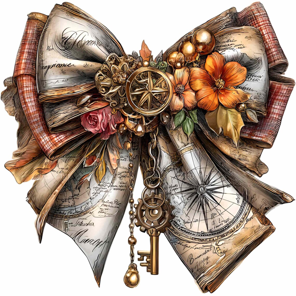 Steampunk Ribbon 10 PNG Steampunk Map Bow – Vintage Ribbon PNG Clipart – Watercolor ...
