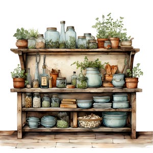 15 PNG Garden Apothecary Herbalist Shelves Clipart, Rustic Potting Shed
