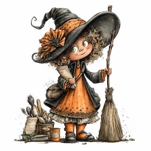 May include: Illustration of a young witch with curly hair, wearing an orange dress, black coat, and a large black hat with an orange band and flower. She holds a broom and a scroll, with art supplies nearby. Whimsical Halloween theme.